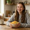 Teen with braces choosing soft snacks instead of hard chips