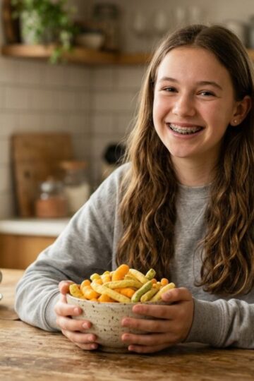 Teen with braces choosing soft snacks instead of hard chips