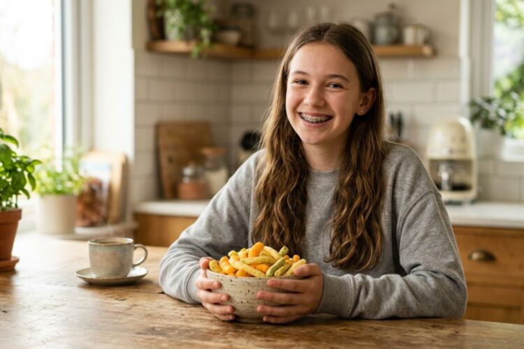 Teen with braces choosing soft snacks instead of hard chips