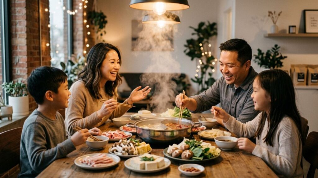 Family sharing a hot pot meal at home