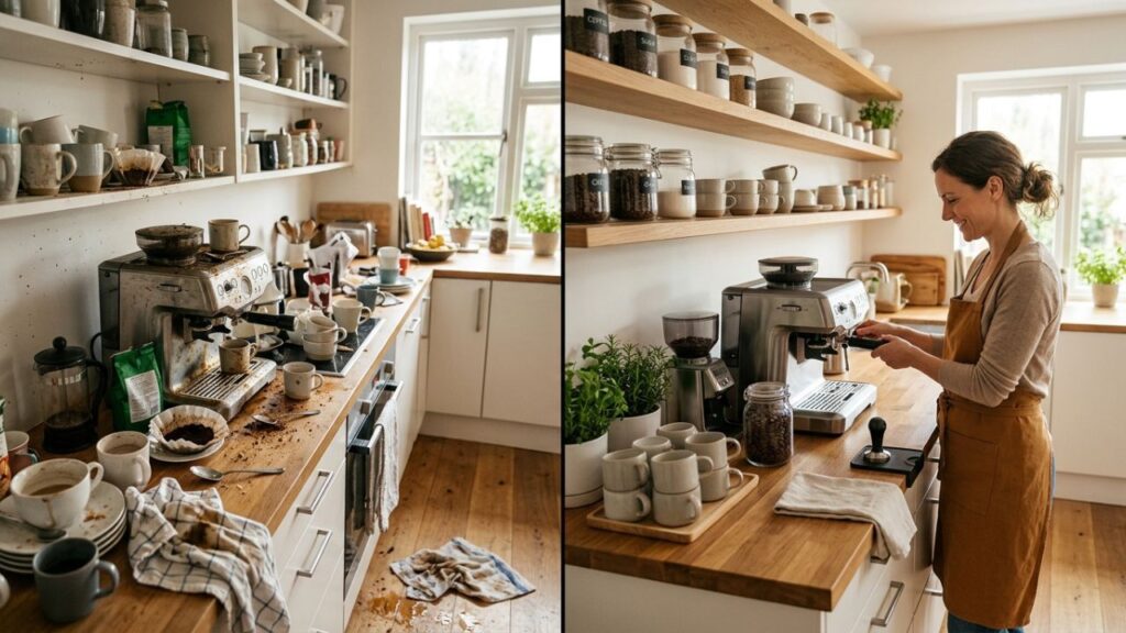 Comparison between a messy kitchen and an organized functional kitchen