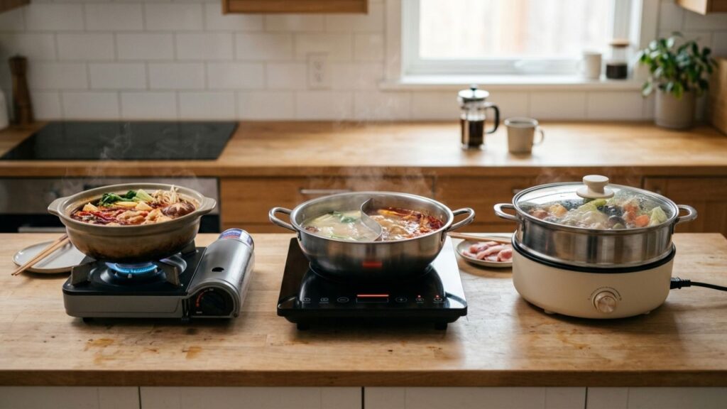 Different hot pot heating devices including butane burner and induction cooktop