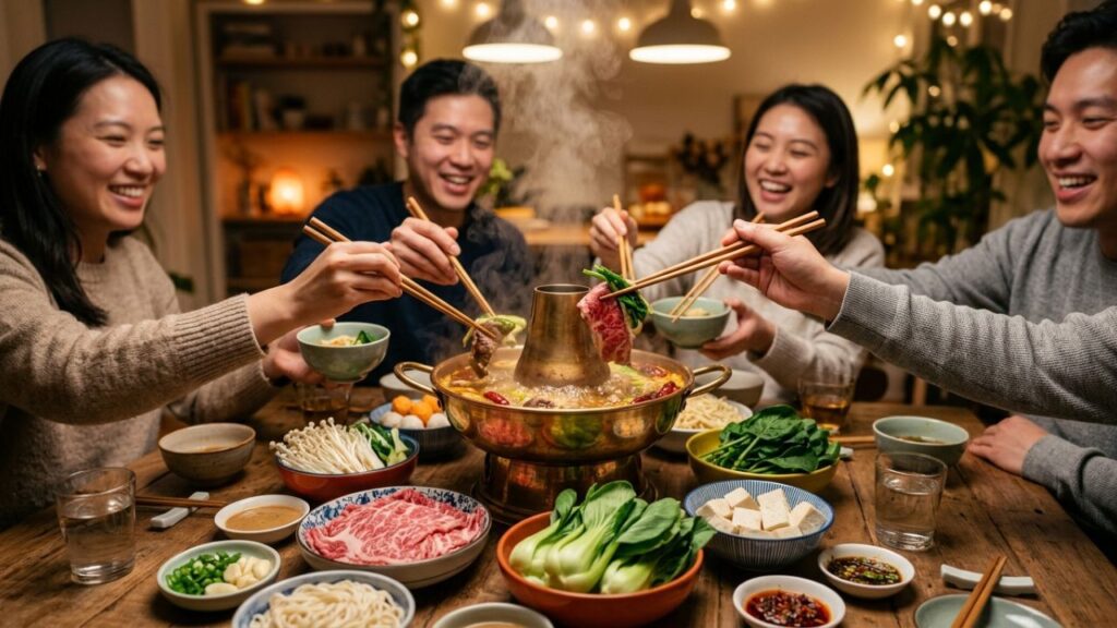 Friends enjoying hot pot with steaming broth and fresh ingredients