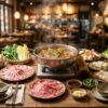 Steaming hot pot with fresh ingredients arranged around it on a dining table