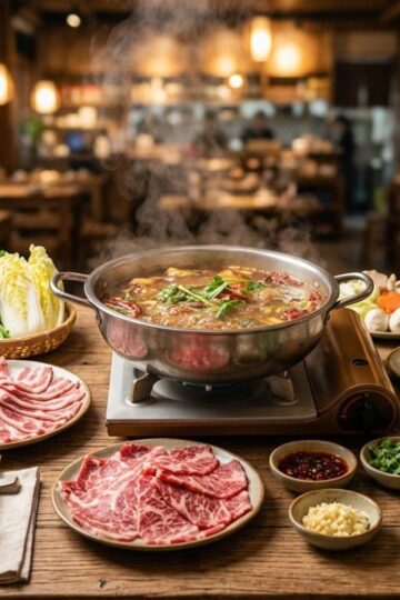 Steaming hot pot with fresh ingredients arranged around it on a dining table