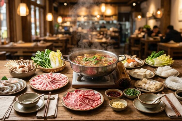 Steaming hot pot with fresh ingredients arranged around it on a dining table