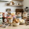 Different types of ice cream containers on a kitchen counter