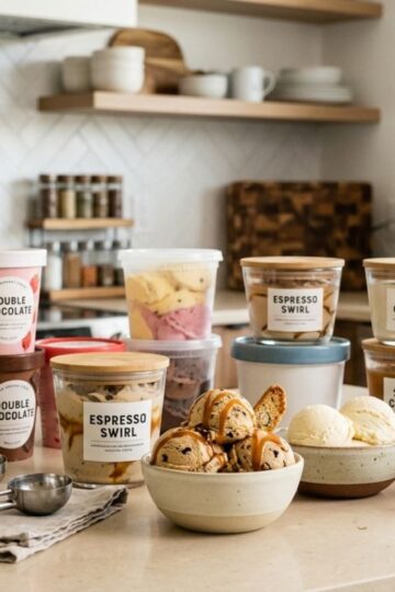 Different types of ice cream containers on a kitchen counter