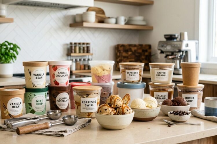 Different types of ice cream containers on a kitchen counter