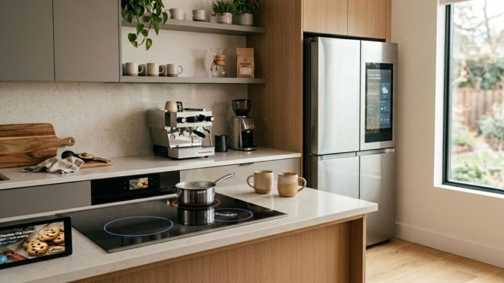 Modern kitchen with smart appliances like induction stove and smart oven