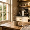 Steaming coffee cup in cozy kitchen with coffee maker in background