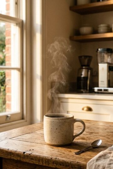 Steaming coffee cup in cozy kitchen with coffee maker in background