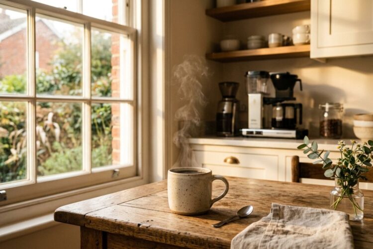 Steaming coffee cup in cozy kitchen with coffee maker in background