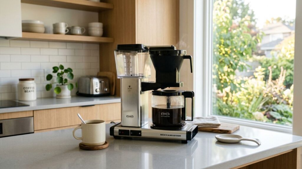 Coffee pot with freshly brewed coffee in kitchen