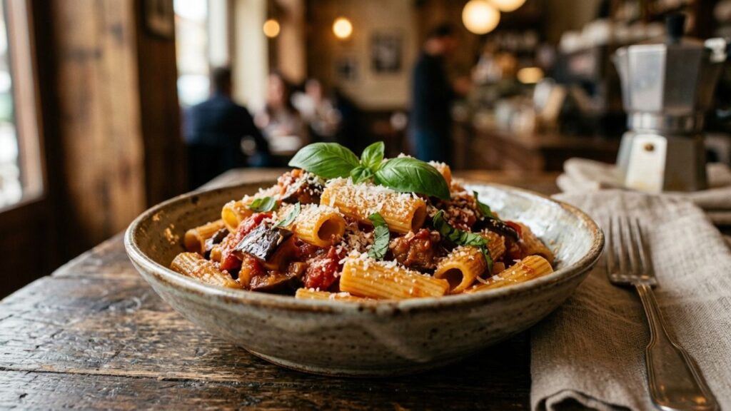  Authentic homemade Sicilian Rigatoni Alla Norma pasta dish
