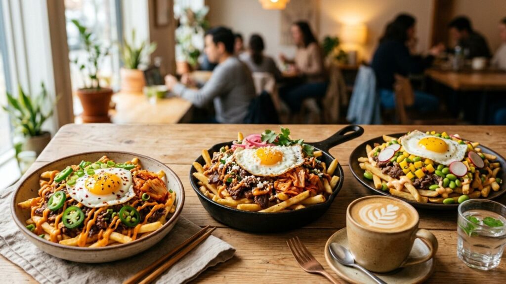 bulgogi fries with egg kimchi and sauces