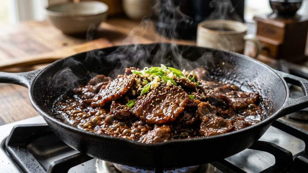 bulgogi beef cooking with glossy marinade