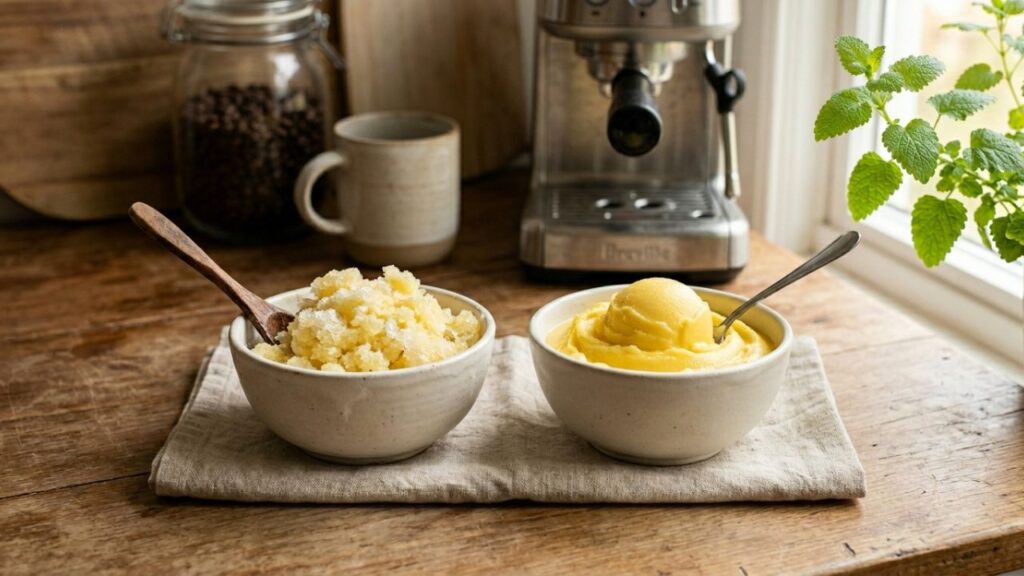 Comparison of smooth and icy lemon sherbet textures
