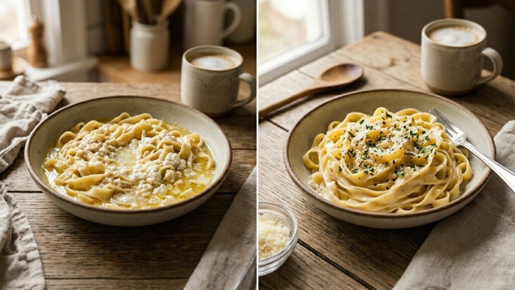 Comparison showing overcooked pasta and broken sauce