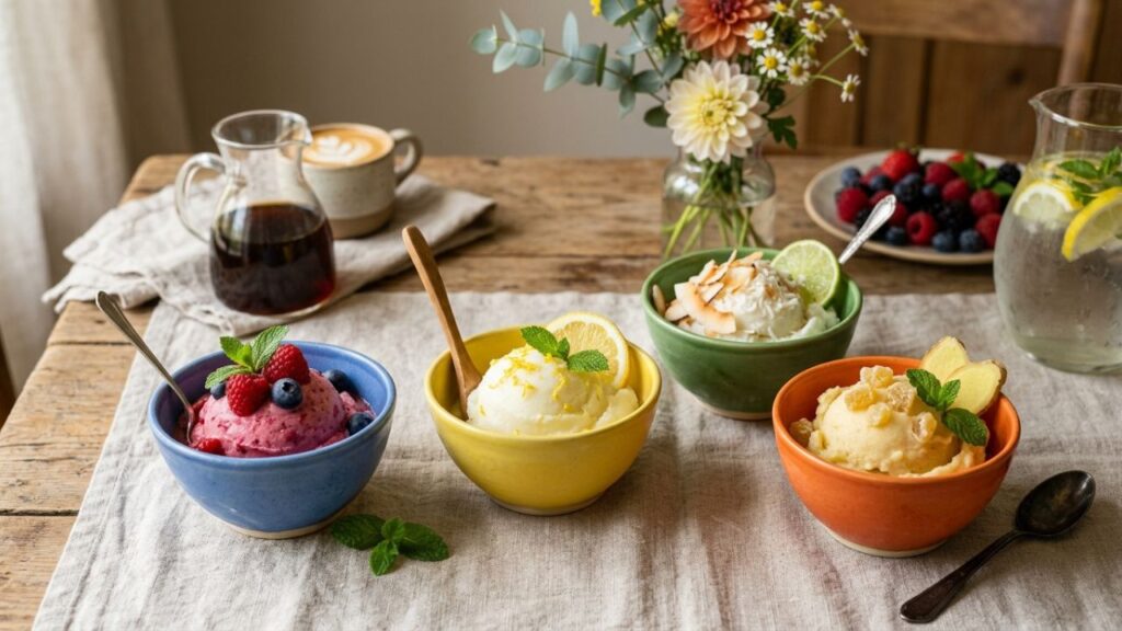 
 Different flavored lemon sherbet variations in colorful bowls