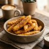Golden crispy banana fries served with dipping sauce in a bowl