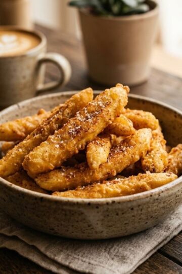 Golden crispy banana fries served with dipping sauce in a bowl