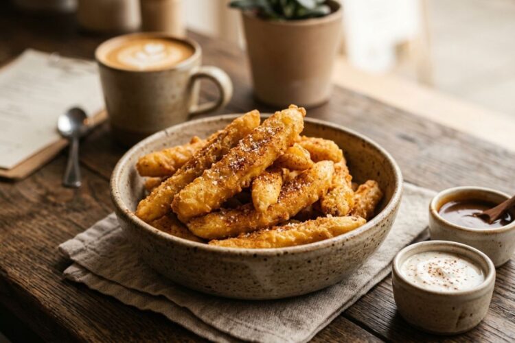 Golden crispy banana fries served with dipping sauce in a bowl