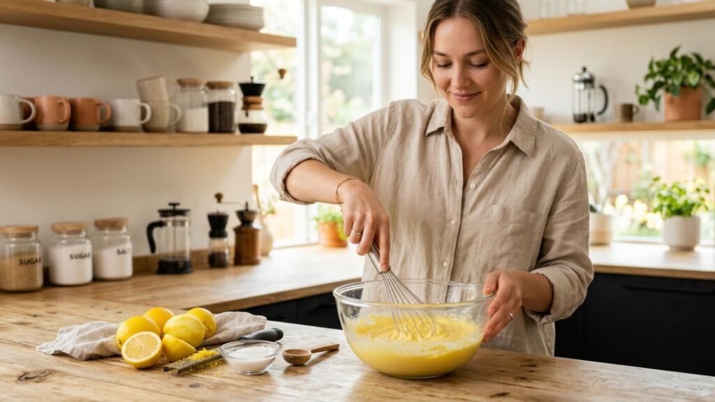 Preparing homemade lemon sherbet mixture in a kitchen