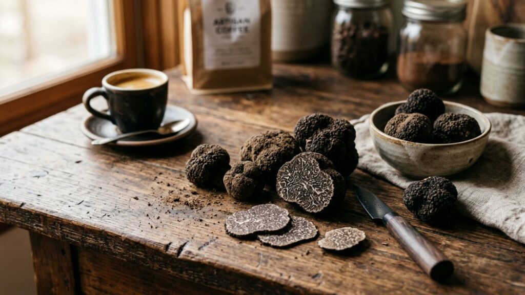 Whole and sliced black truffles on a wooden surface