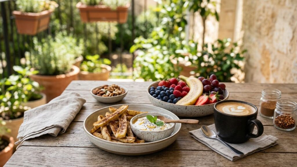 Banana fries served as a healthy snack with fruits and yogurt dip