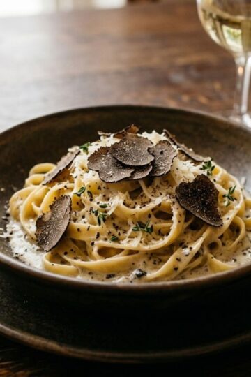 Creamy black truffle pasta served in an elegant fine dining style