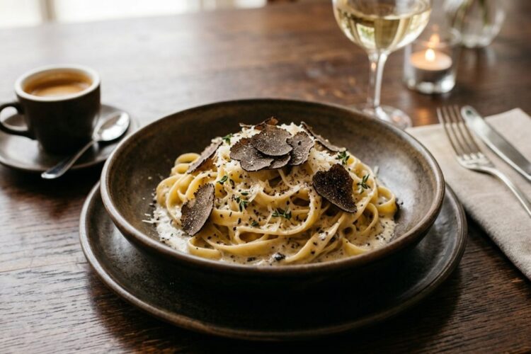 Creamy black truffle pasta served in an elegant fine dining style