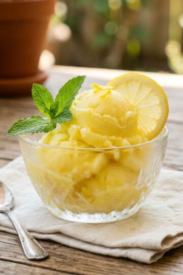 Homemade lemon sherbet served in a chilled bowl with lemon slices and mint leaves