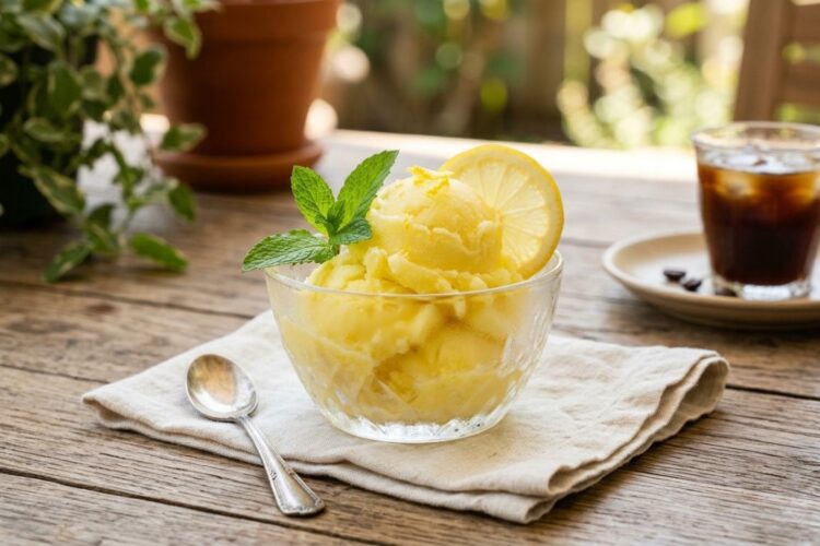 Homemade lemon sherbet served in a chilled bowl with lemon slices and mint leaves