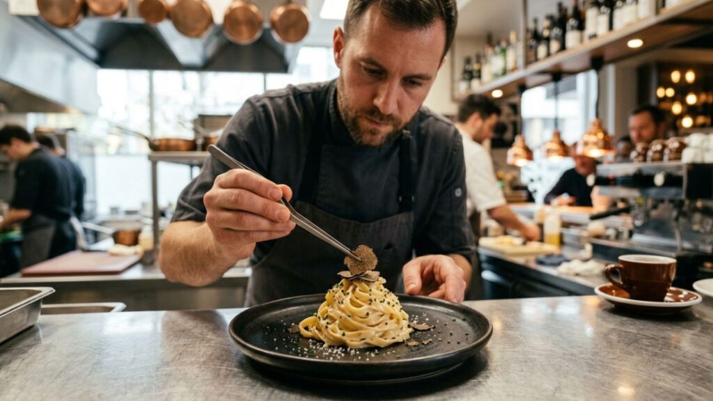 Chef garnishing pasta with shaved truffles