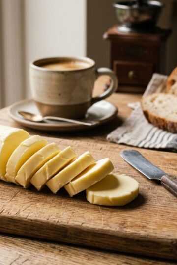 Soft roll butter sliced on wooden board