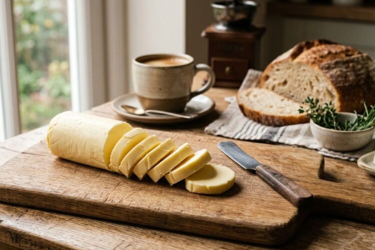 Soft roll butter sliced on wooden board
