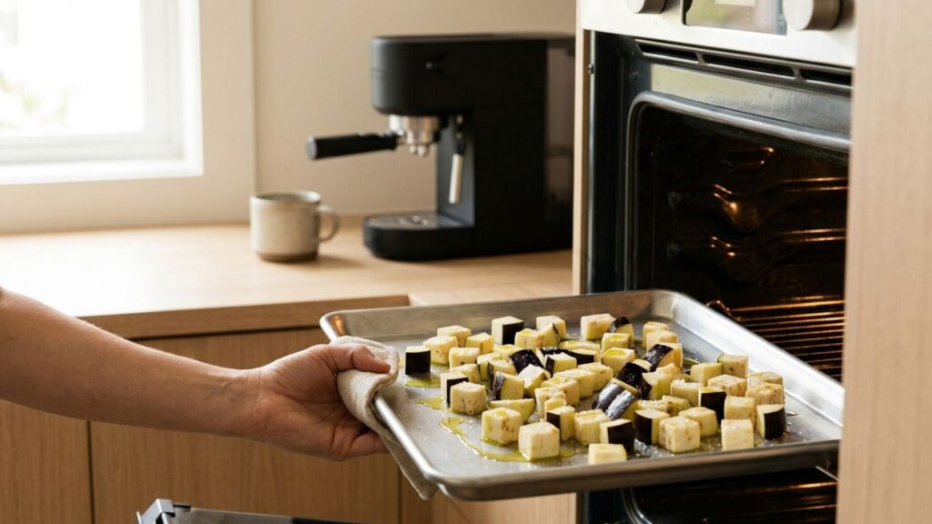 Cooking process for making Sicilian Rigatoni Alla Norma pasta