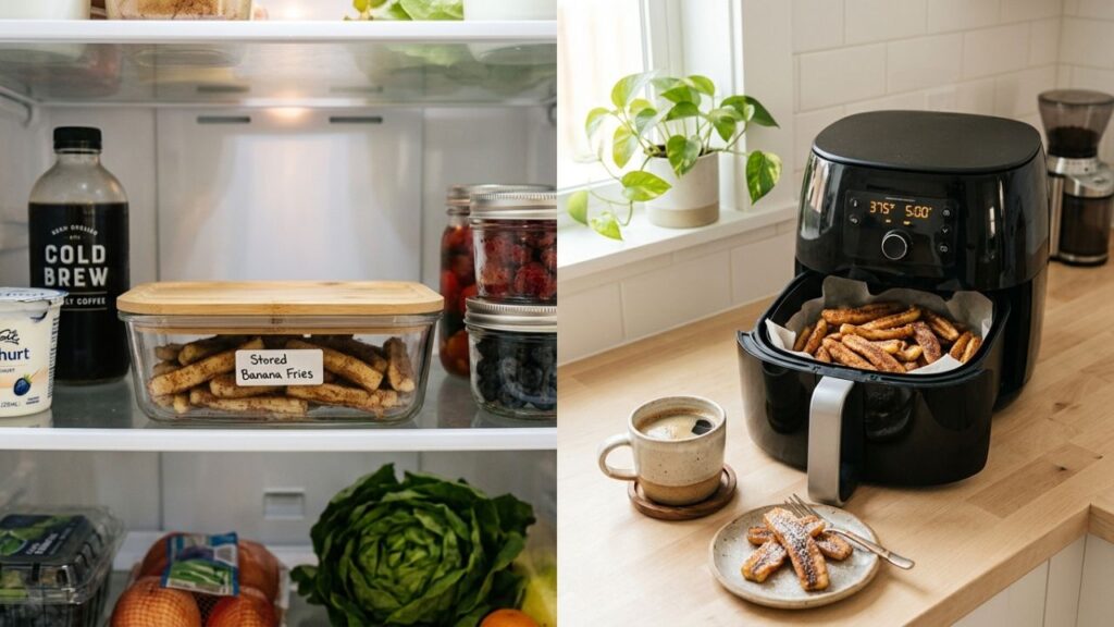 Stored banana fries in container and reheating in air fryer