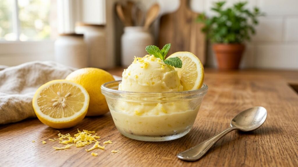Creamy lemon sherbet with fresh lemons and lemon zest