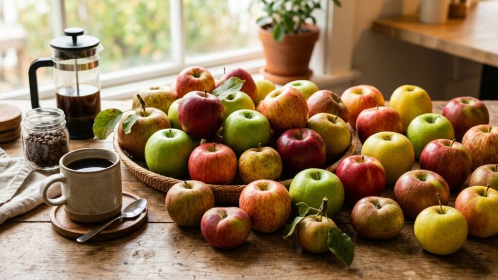 Multiple apple varieties showing diversity in color and size