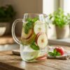 Glass pitcher of apple infused water with fresh apple slices and mint