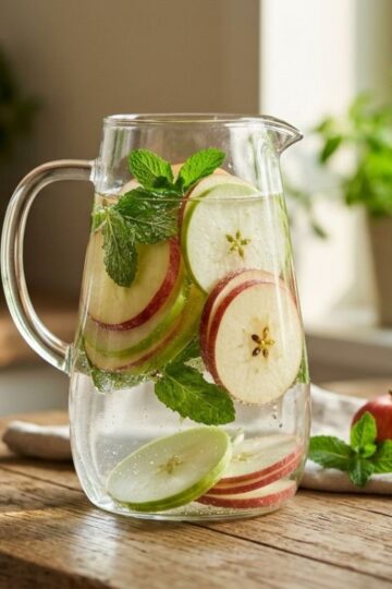 Glass pitcher of apple infused water with fresh apple slices and mint