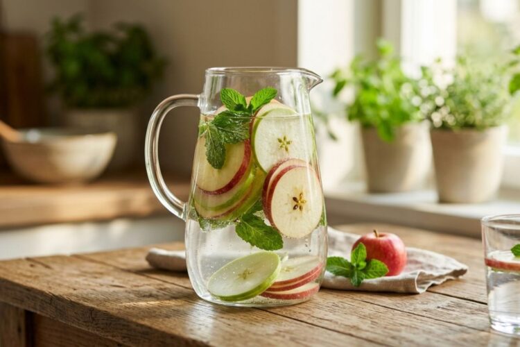 Glass pitcher of apple infused water with fresh apple slices and mint