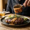 Bourbon cream sauce poured over a seared steak with a glossy finish.