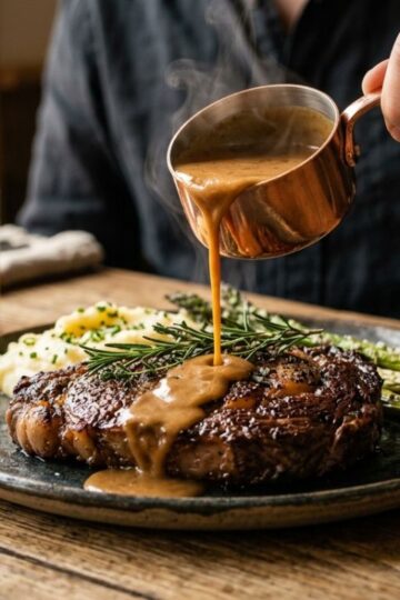 Bourbon cream sauce poured over a seared steak with a glossy finish.