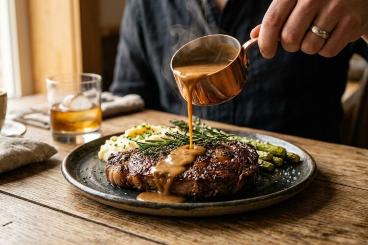 Bourbon cream sauce poured over a seared steak with a glossy finish.