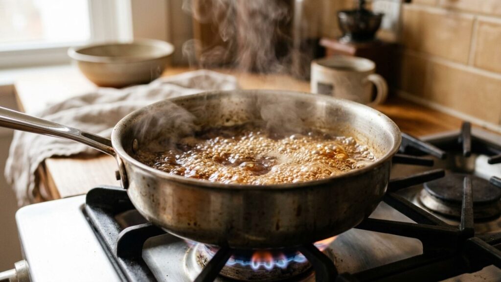 Bourbon simmering in a pan as alcohol cooks off.