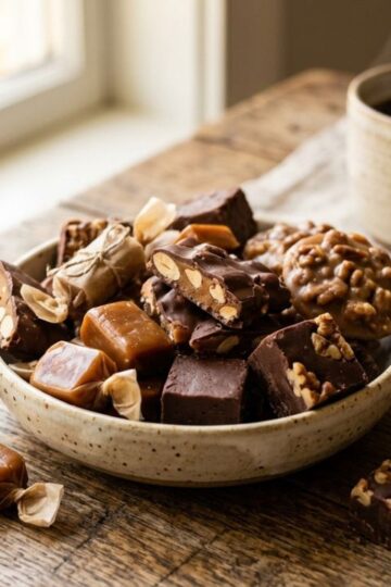 Assorted brown candies like caramel, toffee, and fudge