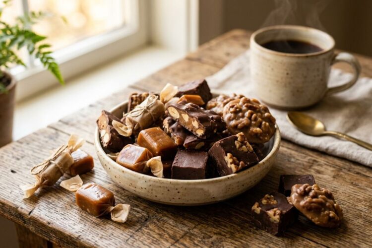 Assorted brown candies like caramel, toffee, and fudge
